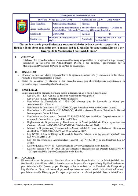 Norma Interna de Procedimientos y Responsabilidades de la Ejecución, Supervisión y Liquidación de Obras Realizadas por la Modalidad de Ejecución Presupuestaria Directa y por Encargo de la Municipalidad Provincial de Piura