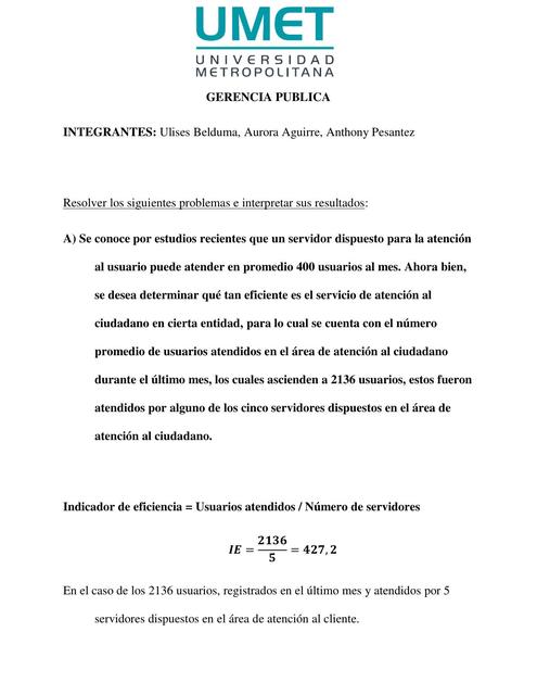 Gerencia Pública  Indicadores de eficiencia calidad 