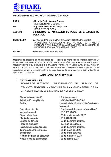 Informe  N 28 Ampliación  Parcial  De Plazo 