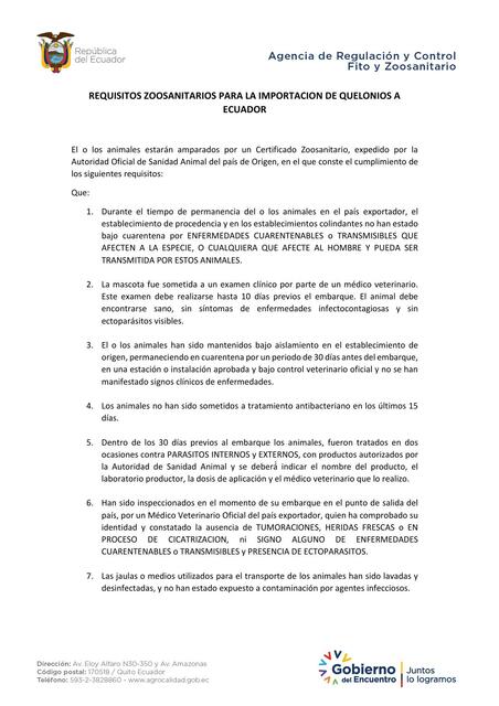 Requisitos Sanitarios para la importación de quelonios