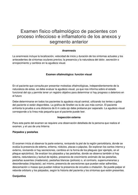 Examen Físico Oftalmológico de Pacientes con Proceso Infeccioso e Inflamatorio de los Anexos y Segmento Anterior 