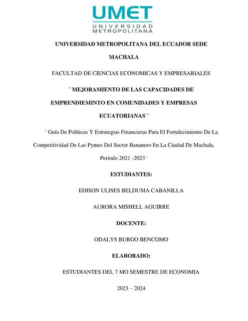 Mejoramiento de las Capacidades de Emprendimiento en Comunidades y Empresas Ecuatorianas 