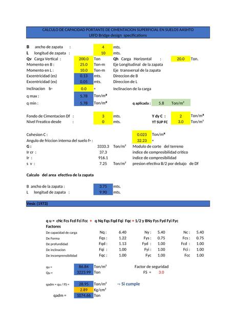 Cálculo de Capacidad Portante de Cimentación Superficial en Suelos AASHTO 