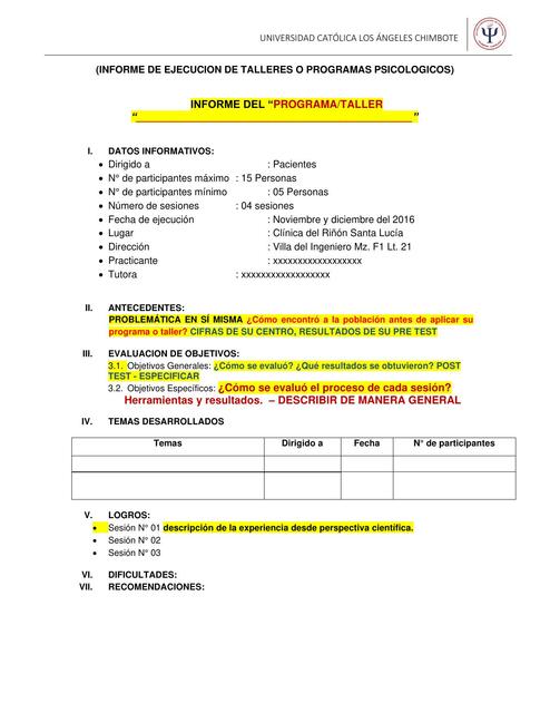 Informe de Ejecución de Talleres o Programas Psicológicos 