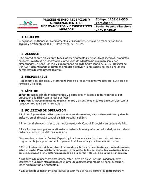 Procedimiento, Recepción y Almacenamiento de Medicamentos y Dispositivos Médicos