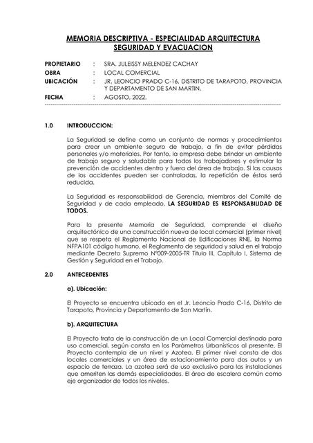 Memoria Descriptiva- Especialidad Arquitectura Seguridad y Evacuación 