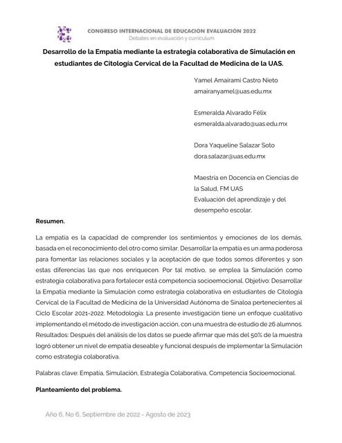 Desarrollo de la Empatía Mediante la Estrategia Colaborativa de Simulación en Estudiantes de Citología Cervical de la Facultad de Medicina de la UAS