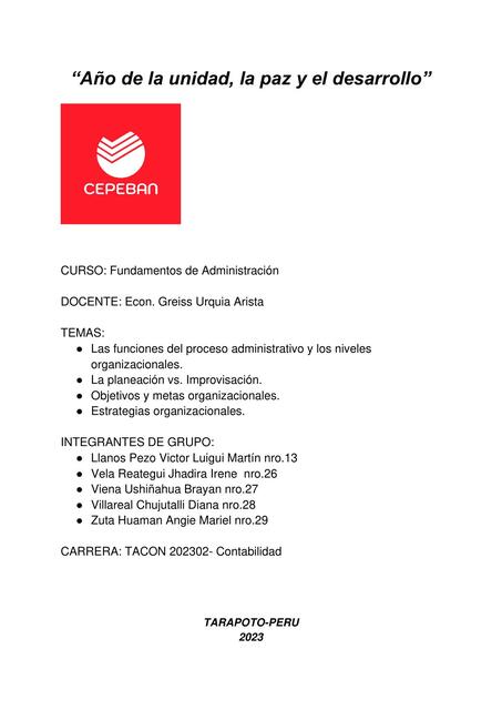 Las Funciones del Proceso Administrativo y los Niveles Organizacionales