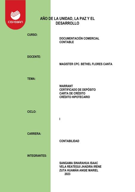 Warrant, Certificado de Depósito, Carta de Crédito, Crédito Hipotecario 