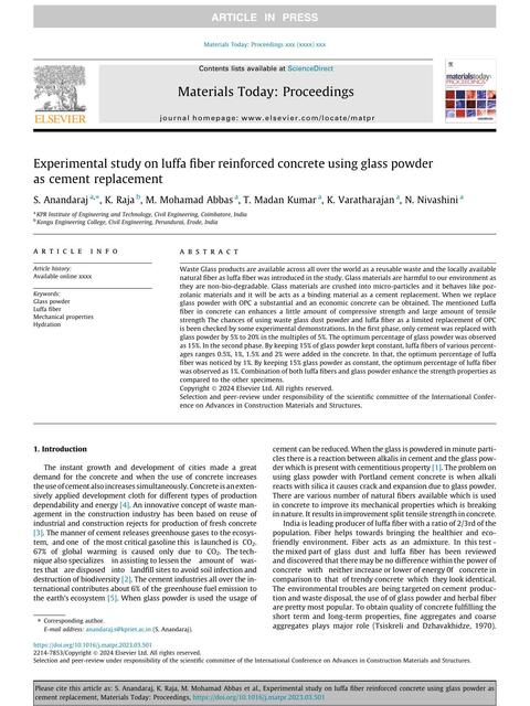 Experimental Study on Luffa Fiber Reinforced Concrete Using Glass Powder as Cement Replacement