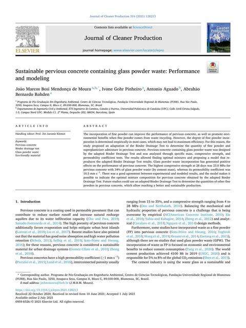 Sustainable Pervious Concrete Containing Glass Powder Waste: Performance and Modeling 