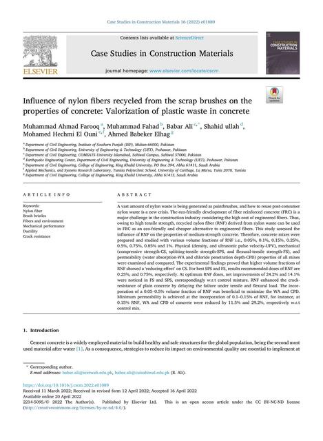 Influence of Nylon Fibers Recycled From the Scrap Brushes on the Properties of Concrete: Valorization of Plastic Waste in Concrete 