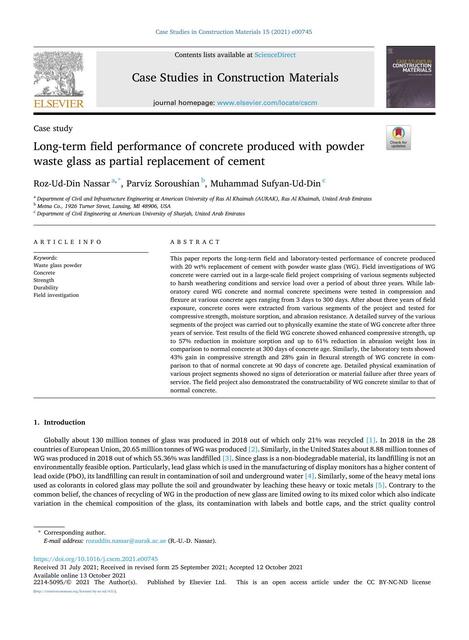 Long-Term Field Performance of Concrete Produced With Powder Waste Glass as partial replacement of cement 