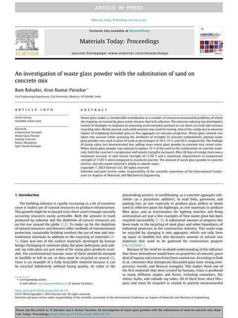 An Investigation of Waste Glass Powder With the Substitution of Sand on Concrete Mix