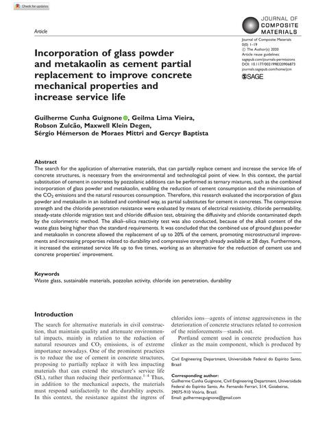 Incorporation of Glass Powder and Metakaolin as Cement Partial Replacement to Improve Concrete Mechanical Properties and Increase Service Life