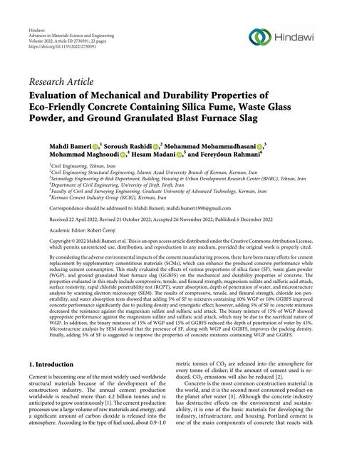 Evaluation of Mechanical and Durability Properties of Eco-Friendly Concrete Containing Silica Fume, Waste Glass Powder, and Ground Granulated Blast Furnace Slag