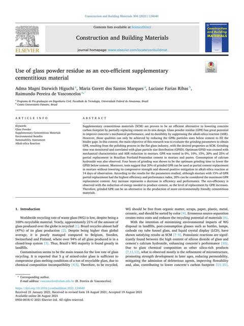 Use of Glass Powder Residue as an Eco-efficient Supplementary Cementitious Material 