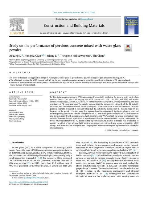 Study on the Performance of Pervious Concrete Mixed With Waste Glass Powder