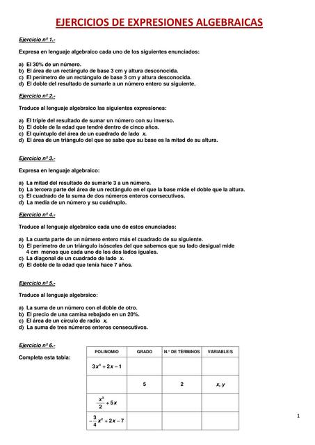 Ejercicios de Expresiones Algebraicas