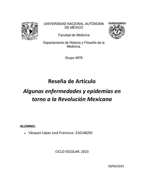 Algunas Enfermedades y Epidemias Entorno a la Revolución Mexicana 