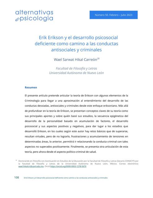 Erik Erikson y el Desarrollo Psicosocial Deficiente como Camino a las Conductas Antisociales y Criminales