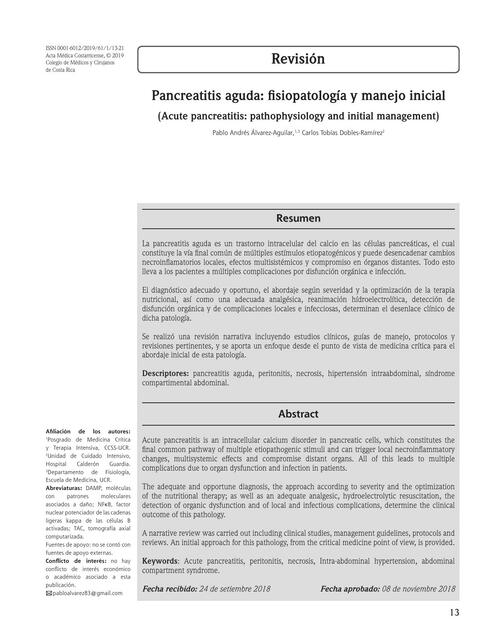 Pancreatitis aguda: ﬁsiopatología y manejo inicial