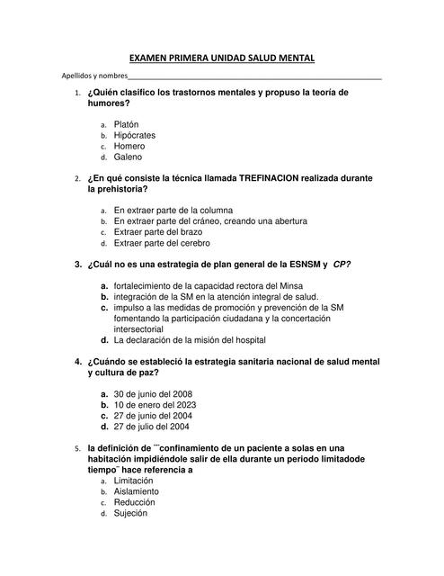 Examen primera unidad salud mental 