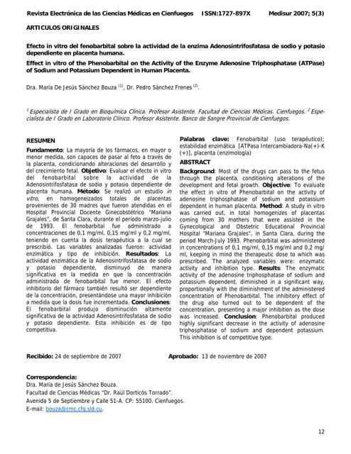 Efecto In Vitro del Fenobarbital sobre la Actividad de la Enzima Adenosintrifosfatasa de Sodio y Potasio Dependiente en Placenta Humana