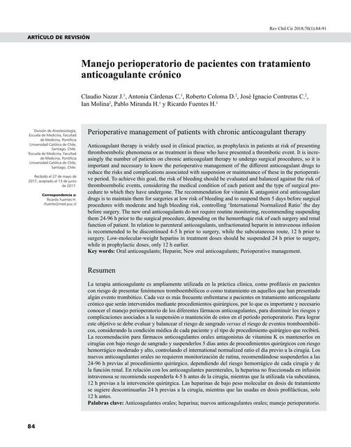 Manejo Perioperatorio de Pacientes con Tratamiento Anticoagulante Crónico