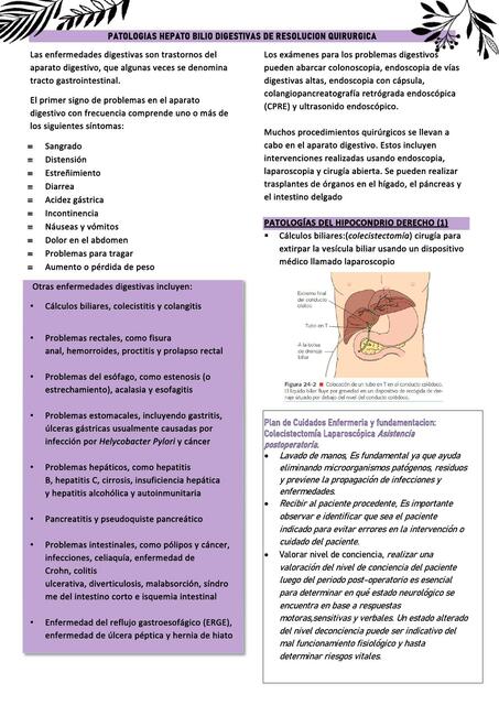 Patologías digestivas, resolución quirúrgica y cuidados enfermeria