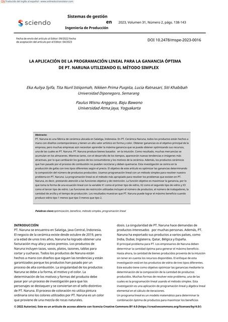 La aplicación de la programación lineal para la ganancia óptima de pt. Naruna utilizando el método simplex