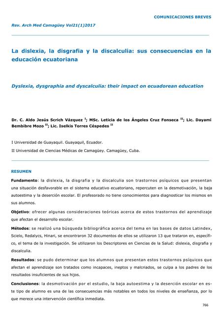 La Dislexia, la Disgrafía y la Discalculia: Sus Consecuencia en la Educación Ecuatoriana 