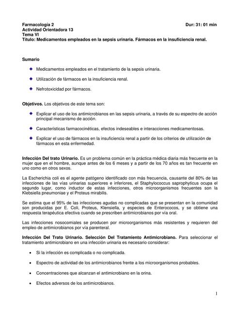 Medicamentos empleados en la sepsis urinaria. Fármacos en la insuficiencia renal 