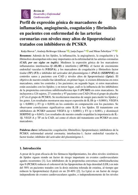 Perfil de Expresión Génica de Marcadores de Inflamación, Angiogénesis, Coagulación y Fibrinólisis en Pacientes 