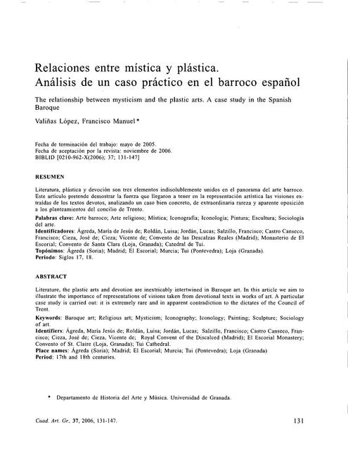 Mística  y plástica en el barroco español