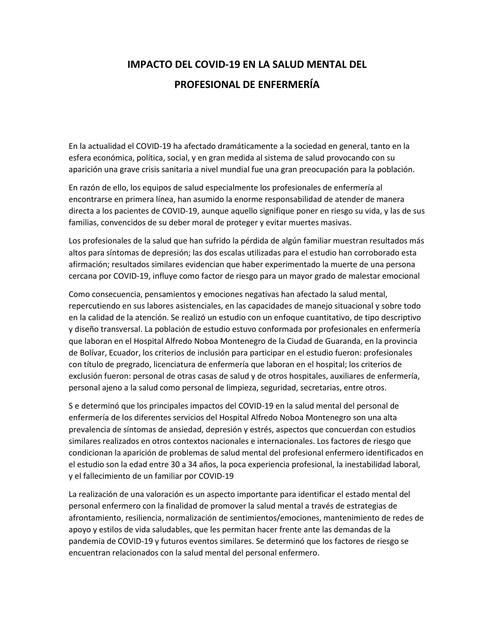 Impacto del covid 19 en la salud mental del profesional de enfermería ...