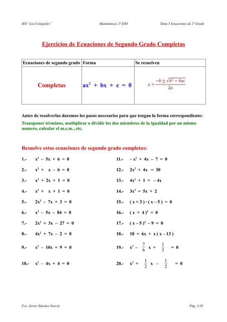 Ejercicios de Ecuaciones de Segundo Grado Completas 