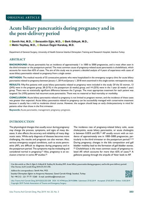 Acute biliary pancreatitis during pregnancy and in the post-delivery period 