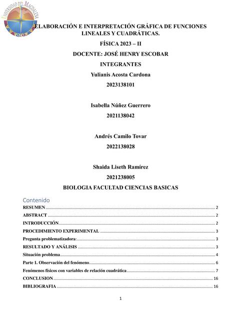 Elaboración e Interpretación Gráfica de Funciones Lineales y Cuadráticas 