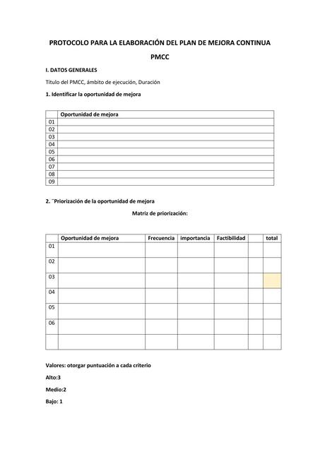 Protocolo para la Elaboración del Plan de Mejora Continua 