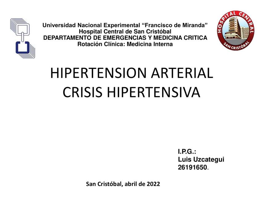 Hipertensión arterial crisis hipertensiva  