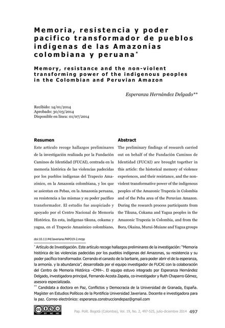 Memoria resistencia y poder pacifico transformador de pueblos indígenas de las Amazonías colombiana y peruana 