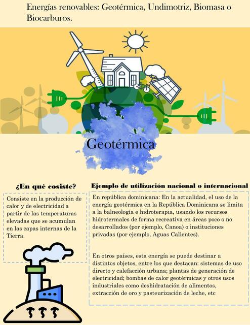 Energías renovables: Geotérmica, Undimotriz, Biomasa o Biocarburos