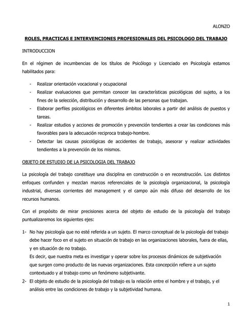 Roles, Prácticas e Intervenciones Profesionales del Psicólogo del Trabajo 