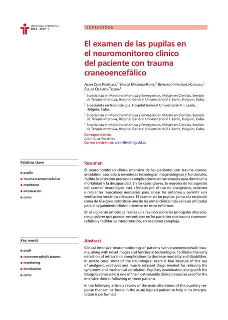 El examen de las pupilas en el neuromonitoreo clínico del paciente con trauma craneoencefálico