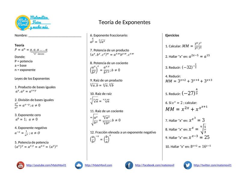 Teoría de exponentes ejercicios propuestos 