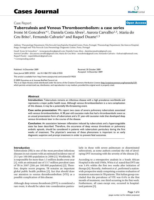 Tuberculosis and Venous Thromboembolism A case ser