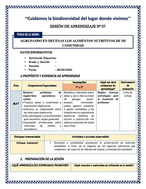 Agrupando en Decenas los Alimentos Nutritivos de Mi Comunidad 