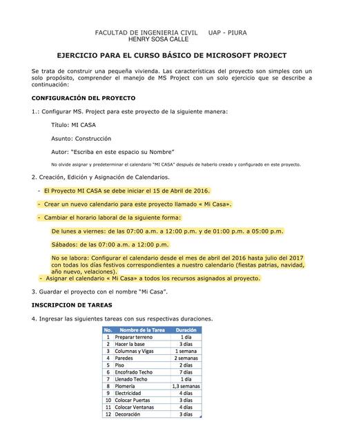 Ejercicio para el curso básico de Microsoft Project 