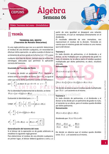 Álgebra semana 6 teorema del resto 